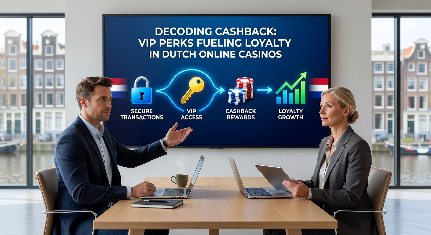 VIP-lounge visualisatie met cashback-iconen, persoonlijke bonussen en loyale spelers die punten verzamelen in een luxe digitaal casino-omgeving