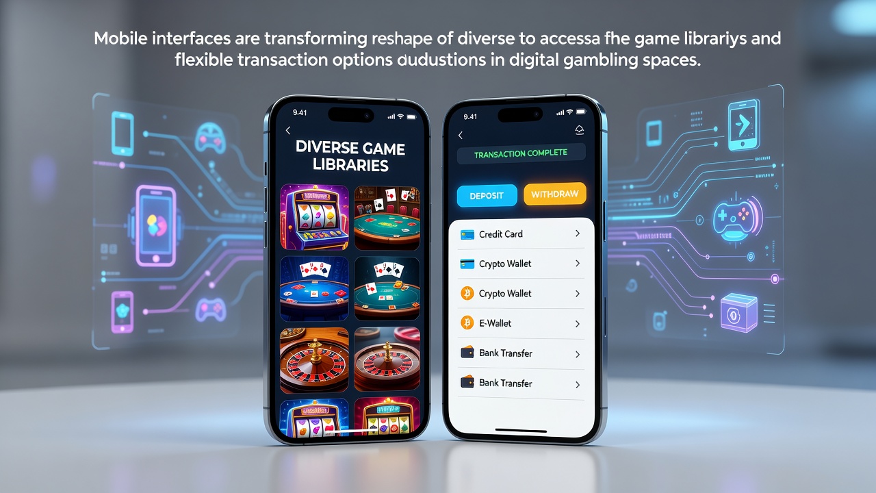 Mobiele app-interface die diverse casinospellen en snelle transacties toont op een smartphone-scherm