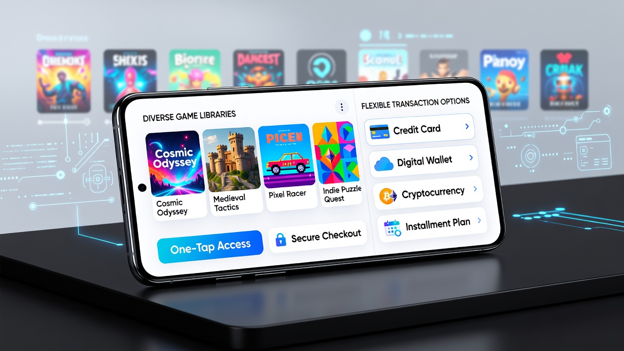 Close-up van een mobiele betalingsscherm met diverse betalingsmethoden en game library overzicht