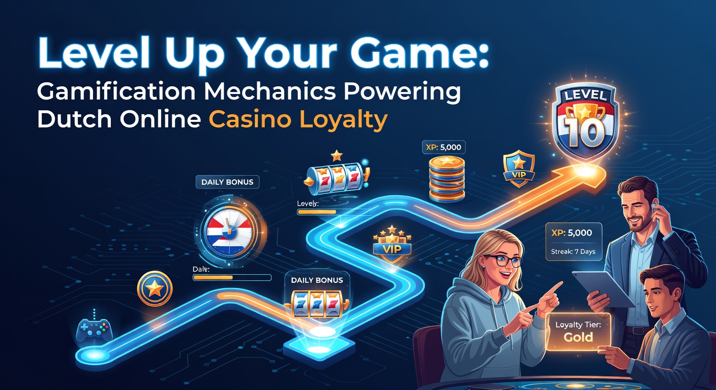 Spelers die virtuele levels beklimmen in een Nederlands online casino, met badges en progressiebalken op het scherm