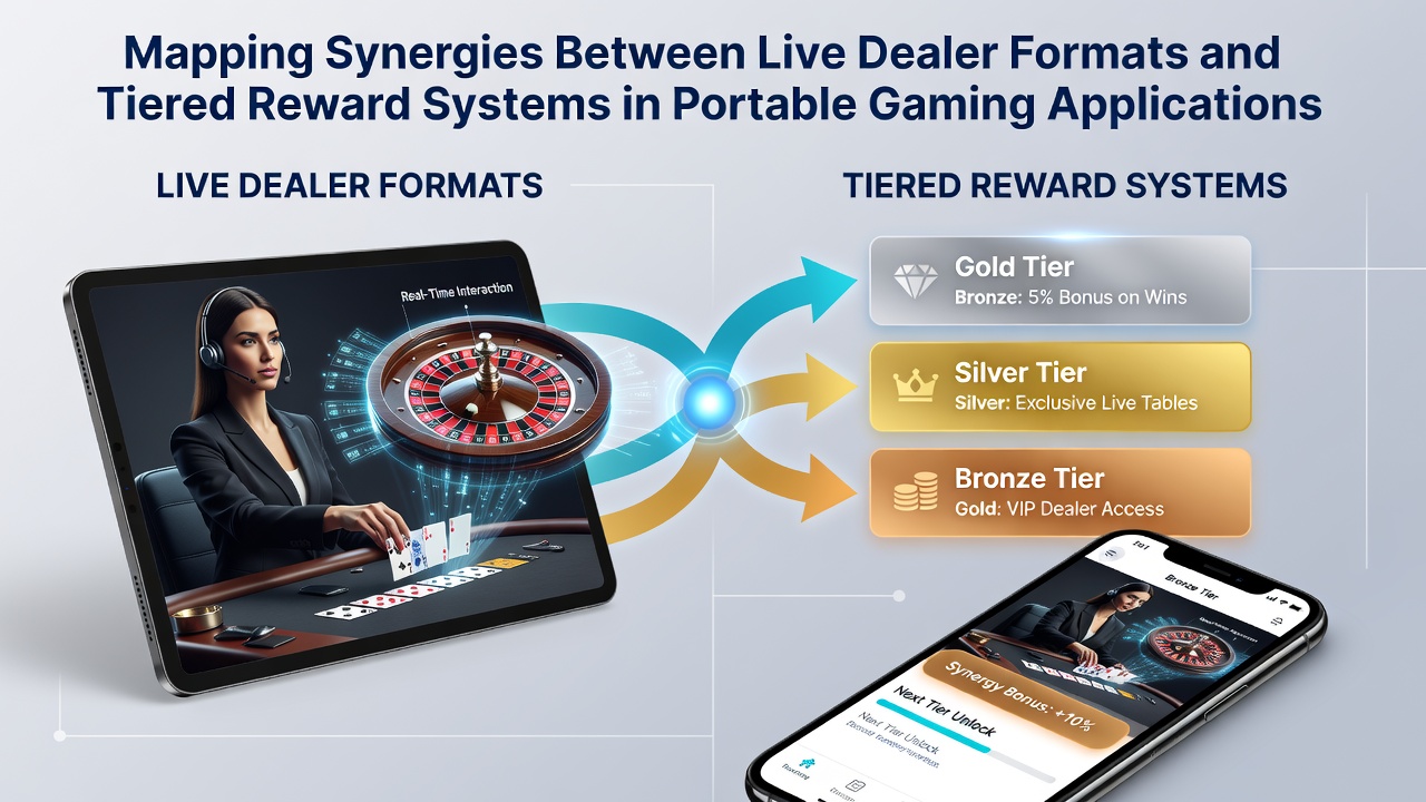 Illustratie van live dealer interfaces gekoppeld aan mobiele beloningssystemen