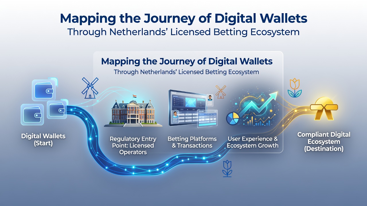 Illustratie van digitale portemonnees die integreren met Nederlandse vergunde gokplatforms