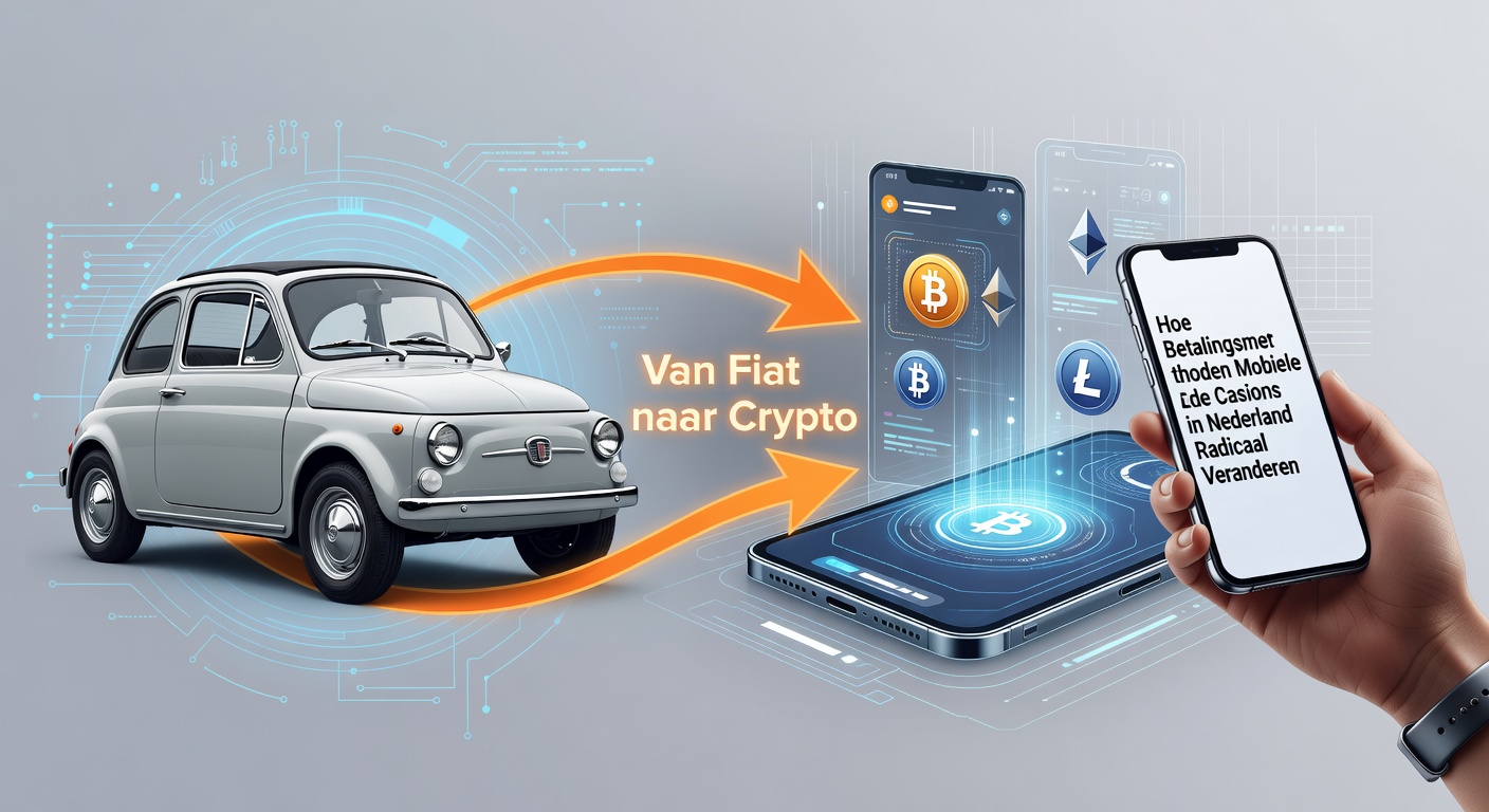 Grafiek met stijgende crypto-transacties in Nederlandse mobiele casinos tegenover dalende fiat-gebruiker, met blockchain-symbolen op de achtergrond